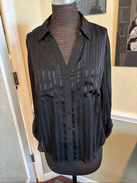 White House Black Market Tops - WHBM Sheer Black Striped Button-Up Blouse size 10